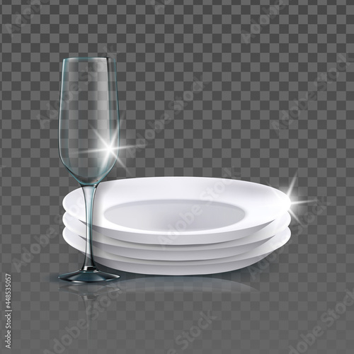 Clean Plates And Wineglass Kitchenware Vector. Washed Blank Ceramic Plates And Wine Glass. Kitchen Utensil For Eating Meal Food And Drinking Beverage Template Realistic 3d Illustration