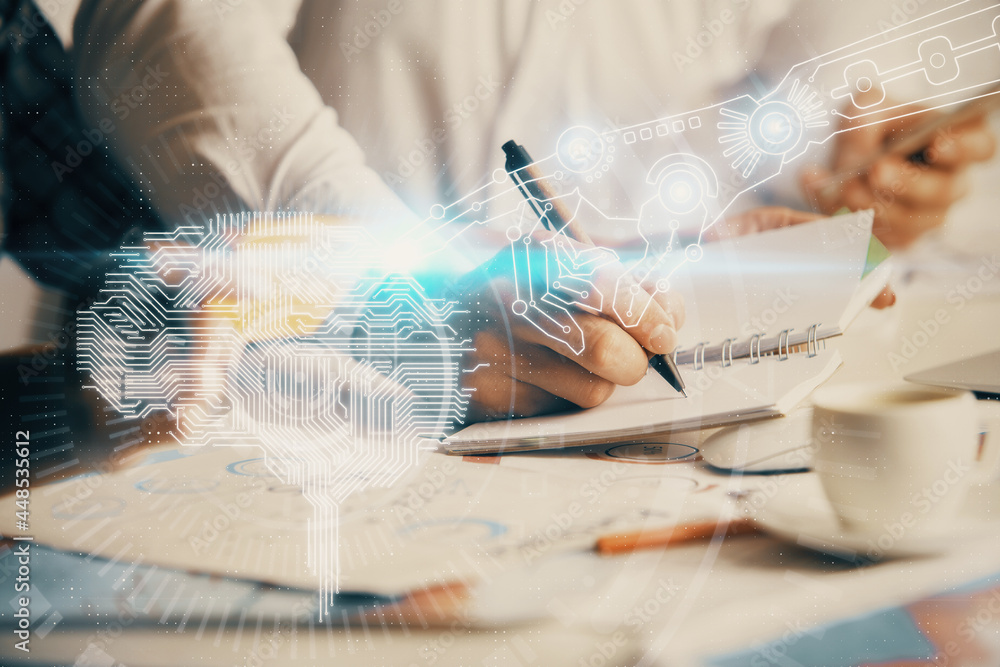 Fototapeta premium Double exposure of brain drawing over people taking notes background. Concept of Ai