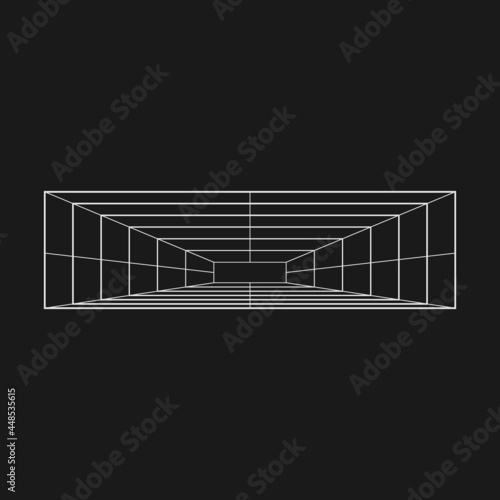 Retrofuturistic perspective rectangular tunnel. Cyber retro design element. Grid tunnel in cyberpunk 80s style. Perspective geometry for poster, cover, merch in retrowave style. Vector