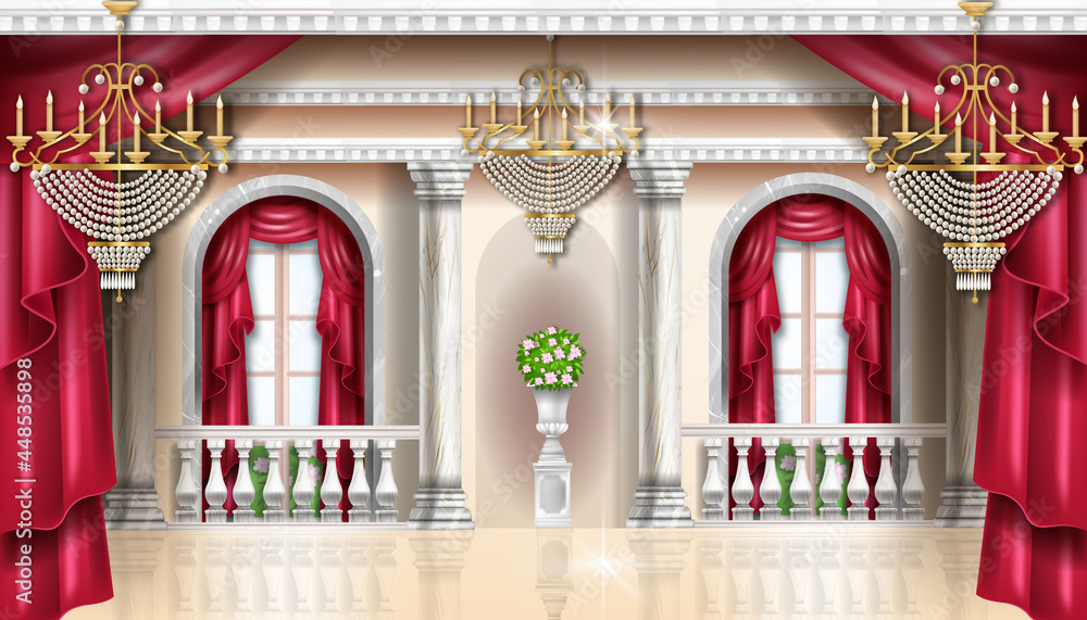 Classic palace interior vector background, royal castle room, red curtain,  golden chandelier, balustrade. Marble column, vase, arch window.  Architecture vintage apartment wallpaper, palace interior Stock Vector |  Adobe Stock