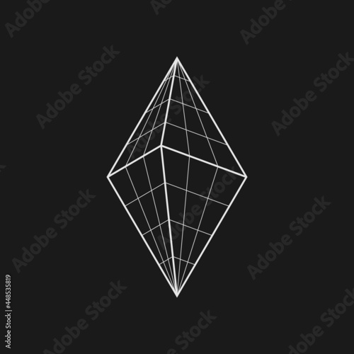 Retrofuturistic rombic bipyramid. Cyber retro design element. Volumetric grid pyramid in cyberpunk 80s style. Perspective geometry for poster, cover, merch in retrowave style. Vector