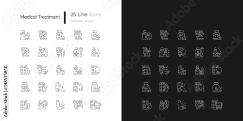 Medical treatment linear icons set for dark and light mode. Oral hygiene. Antibacterial ointments. Pain reliever. Customizable thin line symbols. Isolated vector outline illustrations. Editable stroke