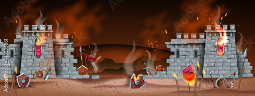 Medieval game battle vector background, stone castle wall ruin, fire broken shield, spear, sword, flag. Fantasy battlefield landscape, old tower, history fight banner. Ancient war, battle background