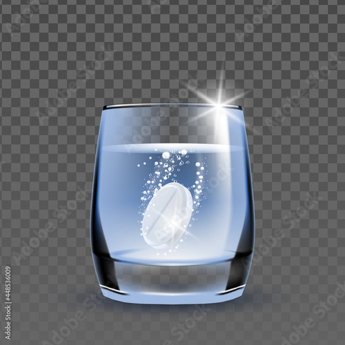 Tablet Effervescent Soluble In Water Glass Vector. Influenza Treatment Medicine Tablet Drug Dose In Healthcare Natural Liquid Cup. Flu Disease Treat And Painkilling Template Realistic 3d Illustration