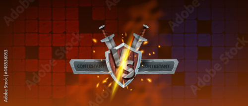 VS game background, vector eSport versus battle banner, medieval wooden shield, stone frame, sword. Fight competition concept, red tiles, fire sparks, energy clash, smoke. Iron letters VS game logo