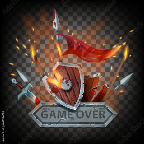 Game over vector badge, medieval final battle sign, wooden shield, sword, burning flag, fire, sparks. Defeat fantasy logo, UI end level stone concept on transparent background. Game over, lose icon