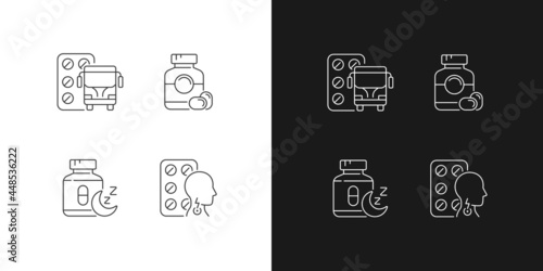 Maintaining life quality linear icons set for dark and light mode. Motion sickness treatment. Gelatin capsules. Customizable thin line symbols. Isolated vector outline illustrations. Editable stroke