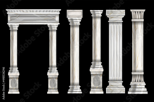 Roman stone column set, vector marble Greek pillar, ancient temple architecture design element. Vintage classic stone capitol, old interior decorative objects. Marble baroque column collection