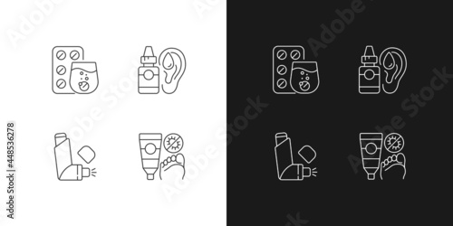 Improving disease symptoms linear icons set for dark and light mode. Effervescent tablets. Antifungal cream. Customizable thin line symbols. Isolated vector outline illustrations. Editable stroke