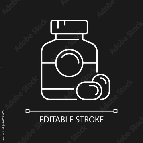 Softgel white linear icon for dark theme. Oral dosage medicine. Soft gelatin capsules. Thin line customizable illustration. Isolated vector contour symbol for night mode. Editable stroke