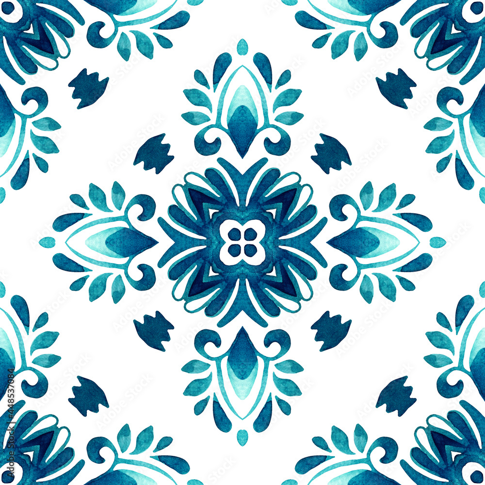 Fototapeta premium Arabesque hand drawn tile seamless ornamental watercolor paint pattern.