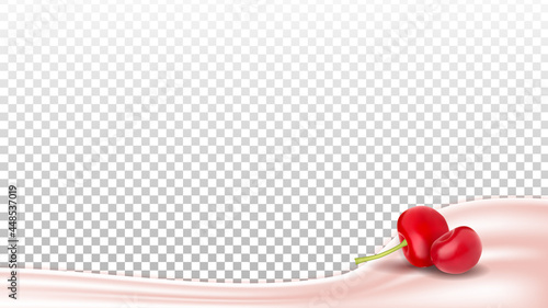 Yoghurt Dairy Dessert With Cherry Fruit Vector. Natural Milky Yoghurt Nutrition With Natural Vitamin Berry. Tasty Creamy Milk Dieting Product Yogurt Template Realistic 3d Illustration