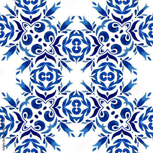 Arabesque hand drawn tile seamless ornamental watercolor paint pattern.