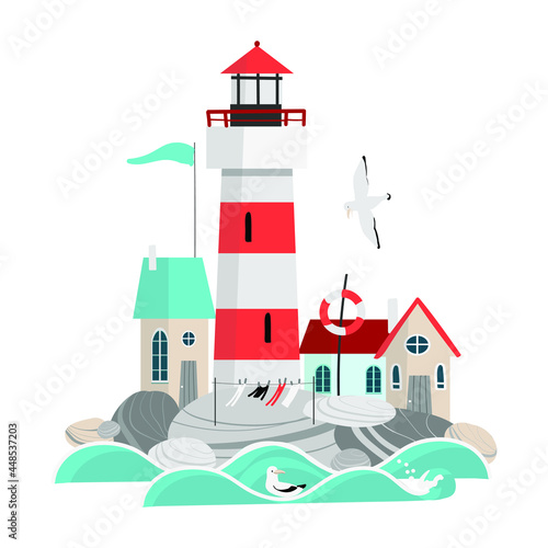 sea city with lighthouse and seagulls on the white background