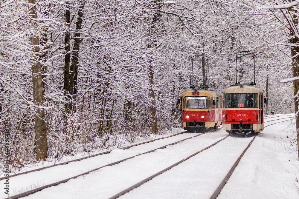 An old tram moving through a winter forest