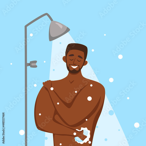 Young African American men taking shower cartoon vector illustration.