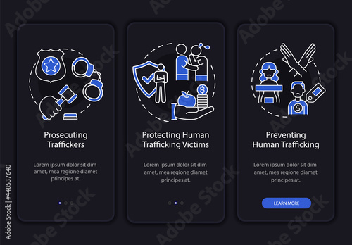 Anti-trafficking dark onboarding mobile app page screen. Stop trafficking walkthrough 3 steps graphic instructions with concepts. UI, UX, GUI vector template with linear night mode illustrations
