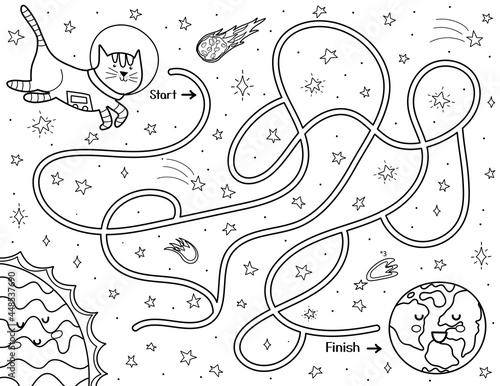 Help a cute cat astronaut find a way to the Earth. Black and white space maze for kids. Activity puzzle page with funny space character. Mini game and coloring page. Vector illustration