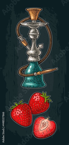Hookah with strawberry. Vector color flat illustration