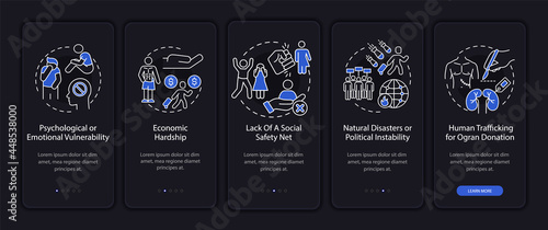 Trafficking reasons dark mode onboarding mobile app page screen. Walkthrough 5 steps graphic instructions with concepts. UI, UX, GUI vector template with linear night mode illustrations
