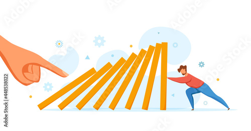 Domino effect of businessman pushing hard against falling domino vector illustration.