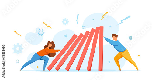 Domino effect of businessman pushing hard against falling domino vector illustration.