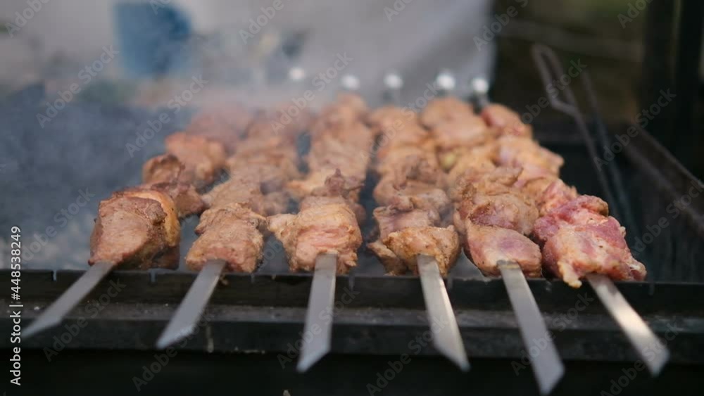 Roasting juicy meat steak with spices in burning charcoals fire on bbq grid Roasting juicy meat steak with spices in burning charcoals fire on bbq grid