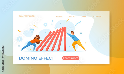 Domino effect of businessman pushing hard against falling domino vector illustration.