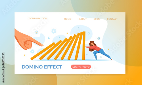 Domino effect of businessman pushing hard against falling domino vector illustration.