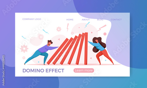 Domino effect of businessman pushing hard against falling domino vector illustration.