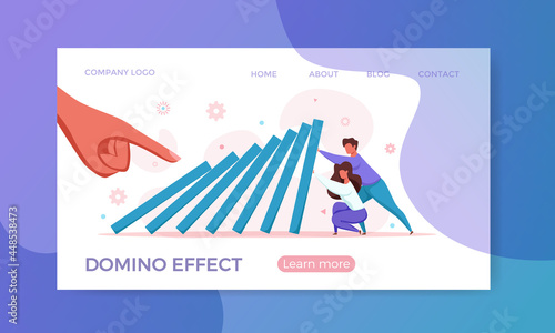 Domino effect of businessman pushing hard against falling domino vector illustration.