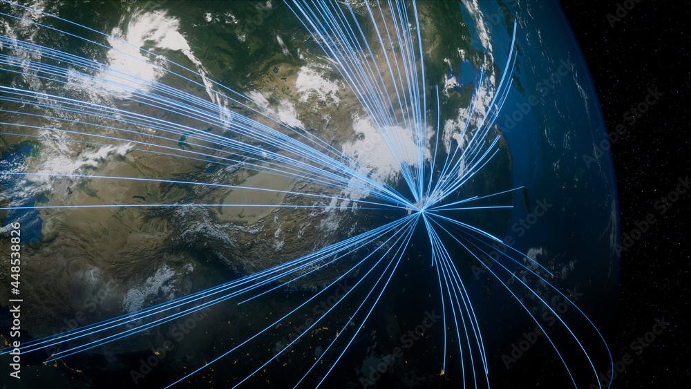 Earth in Space. Blue Lines connect Chengdu, China with Cities across the World. Worldwide Travel or Business Concept.