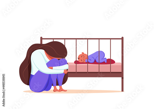 Postpartum depression illustration of sad tired woman near newborn baby sleeping in flat style.
