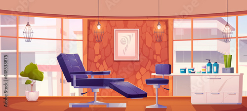 Tattoo salon interior with chairs and cosmetics