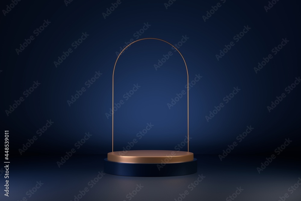 Gold pedestal or podium on dark background for product demonstration. 3D rendering. Gold pedestal or podium on dark background for product demonstration. 3D rendering.