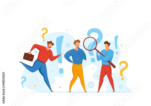 FAQ concept of men looking through magnifying glass at interrogation point and question mark.