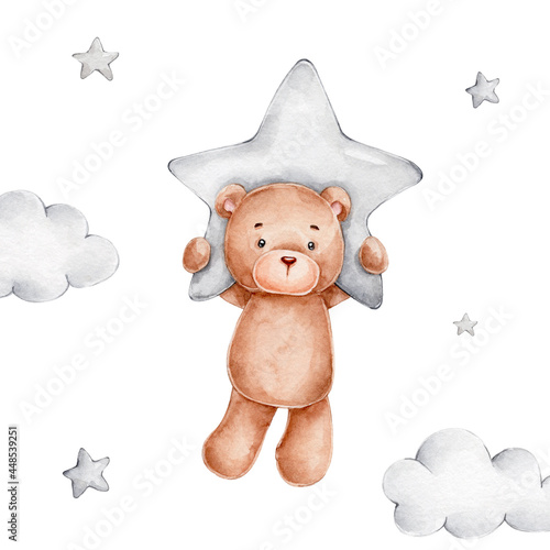 Cute teddy bear flying with grey star; watercolor hand drawn illustration; with white isolated background photo