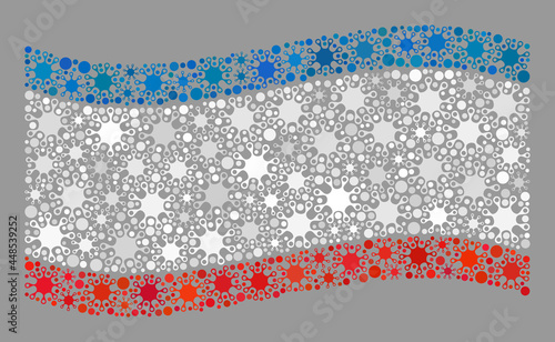 Waving mosaic Crimea flag created with covid elements. Crimea flag collage is shaped with scattered infection elements. Vector coronavirus mosaic waving Crimea flag designed for medicare wallpapers.
