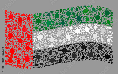 Waving mosaic United Arab Emirates flag constructed of virus elements. United Arab Emirates flag collage is constructed of random coronavirus pictograms.