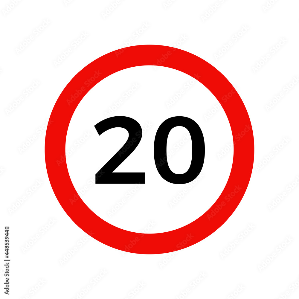 Speed limit 20 kmh sign of road traffic maximum speed vector icon. Speed limit 20 kmh sign of road traffic maximum speed vector icon.