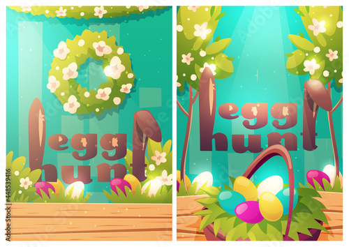 Easter egg hunt cartoon posters with rabbit ears