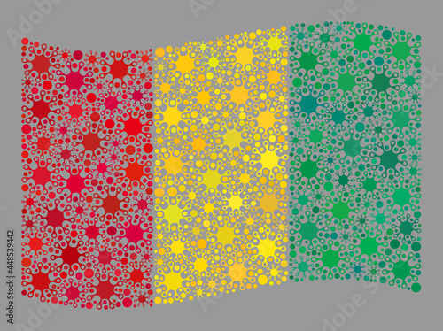 Waving mosaic Guinea flag designed with viral icons. Guinea flag collage is done of randomized coronavirus items. Vector covid mosaic waving Guinea flag designed for medicare propaganda.