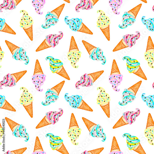 Ice cream in waffle cone watercolor seamless pattern. Ice cream background