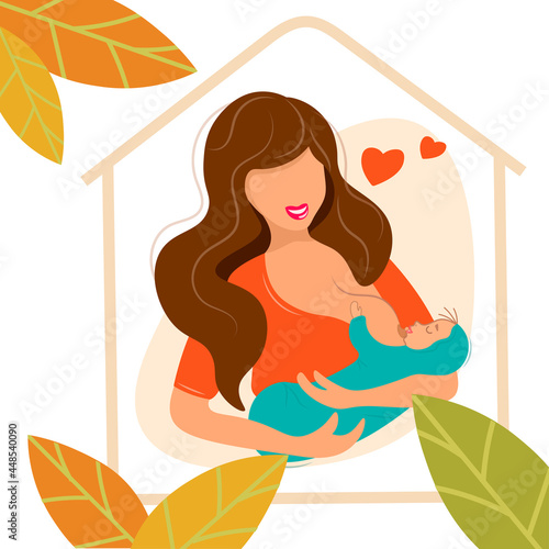 Mother and child. Happy woman is breastfeeding her newborn baby. Support for motherhood and child protection. Flat design. Vector. Protected house concept with autumn leaves and a roof over your head.