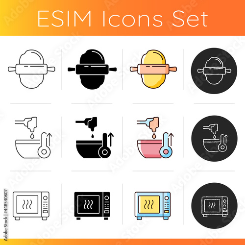 Food preparation icons set. Roll out flatten cookie dough. Melt cream for frosting. Cooking in microwave. Baking process steps. Linear, black and RGB color styles. Isolated vector illustrations