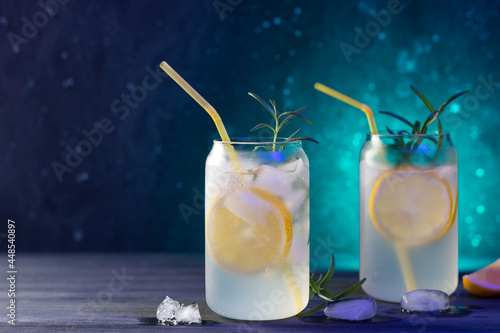 Beautiful cold cocktails with lemon and rosemary. Gin and tonic in a glass. Bright color lighting, bar menu copy space