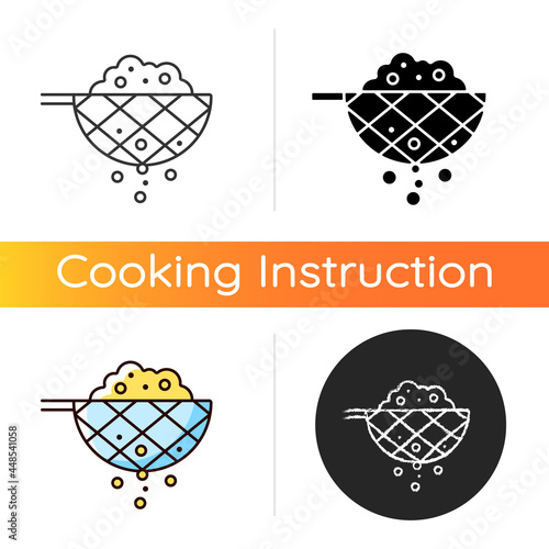 Sift cooking ingredient icon. Pass flour through mesh utensil. Domestic sieve. Cooking instruction. Food preparation process. Linear black and RGB color styles. Isolated vector illustrations