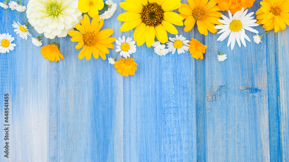 Obraz premium Bright blue wooden background with flowers