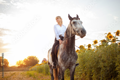woman rides a gray horse in a field at sunset. Freedom, beautiful background, friendship and love for the animal. Sports training equestrian, rental and sale of horses, hiking, riding,