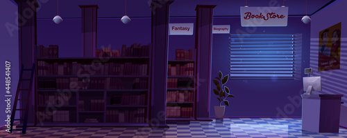 Night bookstore interior, empty book shop room